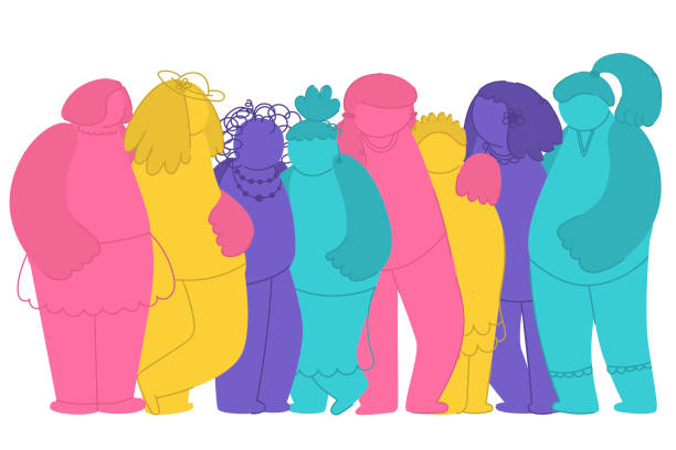 차별 불평등에 반대하는 운동, 다른 여성들의 그룹. 여성 페미니즘. 국제 여성의 날. 소녀들은 함께 껴안고 서 있습니다. 팀워크, 공생, 우정. 그려진 벡터 - group sex stock illustrations