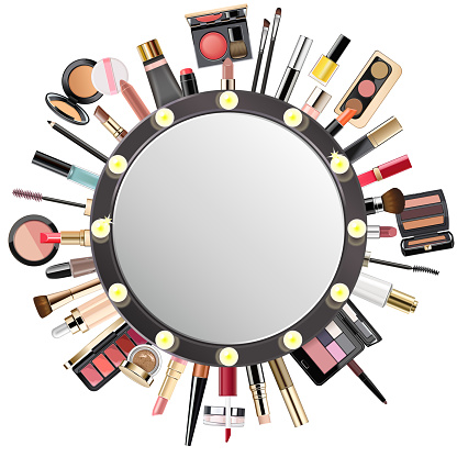 Vector Makeup Cosmetics Concept with Mirror isolated on white background