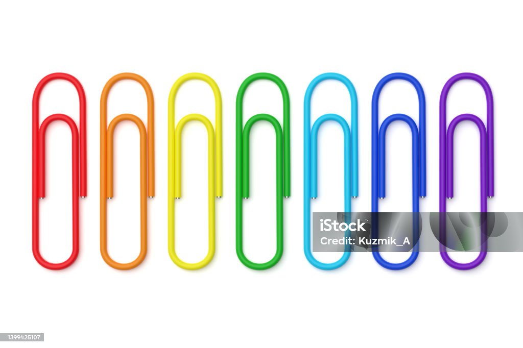 Paper clips isolated on white background. 3D rendering. Row of colorful paper clips isolated on white background. 3D rendering illustration. Paper Clip Stock Photo