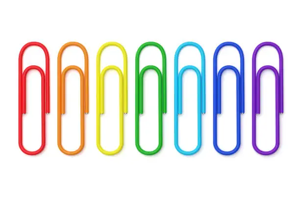 Row of colorful paper clips isolated on white background. 3D rendering illustration.