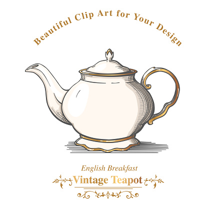 Beautiful Vintage Teapot with text isolated on white background. Vector Illustration.