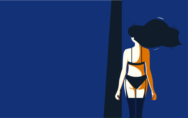 ilustraciones, imágenes clip art, dibujos animados e iconos de stock de mujer en lencería vista trasera por la tarde o por la noche - naked stockings women stripper