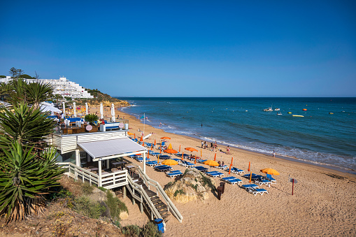 Algarve, Portugal. 22 May 2022. View of Oura beach in Albufeira in Algarve, Portugal