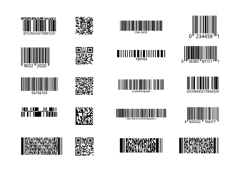 Set of QR Codes, linear codes. 2D code stickers on isolated background. Vector illustration