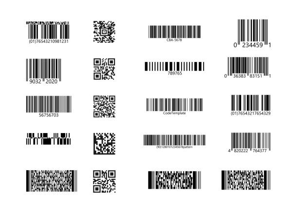 Code stickers on isolated background. Code sample Set of QR Codes, linear codes. 2D code stickers on isolated background. Vector illustration barcode stock illustrations