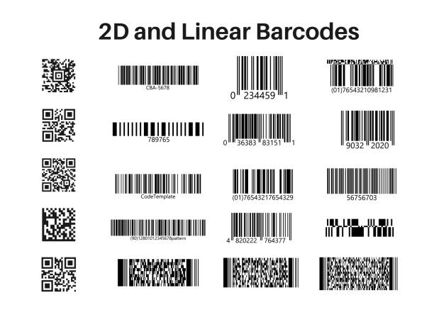 Code stickers on isolated background. Code sample Set of QR Codes, linear codes. 2D code on isolated background. Vector illustration bar code stock illustrations