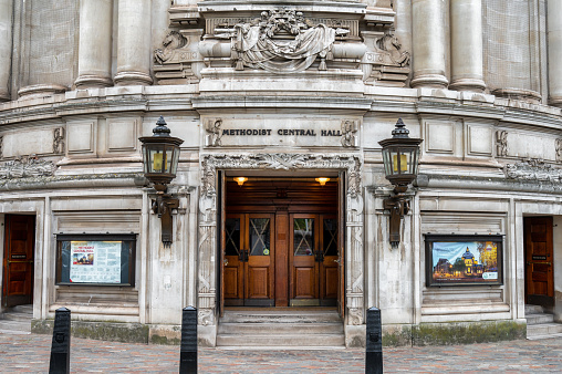 London, UK- May 3, 2022: The entrance for Methodist Central Hall Westminster in London