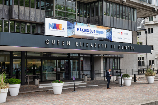 London, UK- May 3, 2022: The entrance for Queen Elizabeth II centre in London