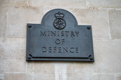 London, UK- May 3, 2022: The sign for the Ministry of Defence building  in London