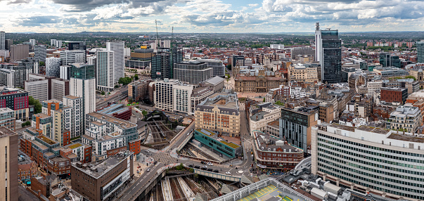 Birmingham, UK - May 24, 2022.  An aerial view of Victoria Square and the ancient architecture of The Council House and Town Hall in a Birmingham cityscape skyline