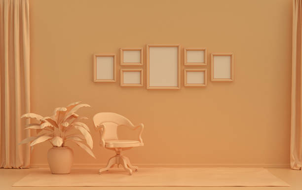 istock Mock-up poster gallery wall with 7 frames in solid pastel orange room and plants 1399434716
