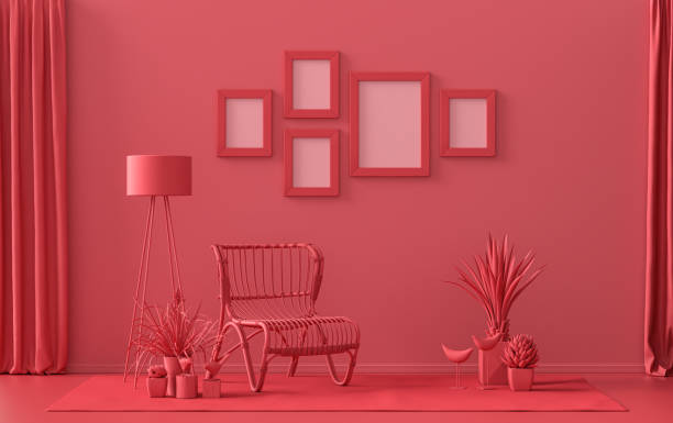 istock Flat color interior room for poster showcase with 5 frames, monochrome red gallery wall 1399434782