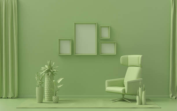 istock Interior room in plain monochrome green, 4 frames and plants, Gallery wall 1399435077