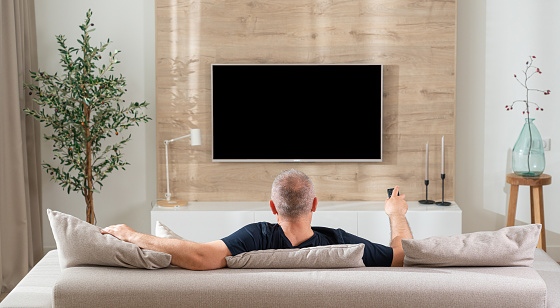 man in modern living room watching tv back view.