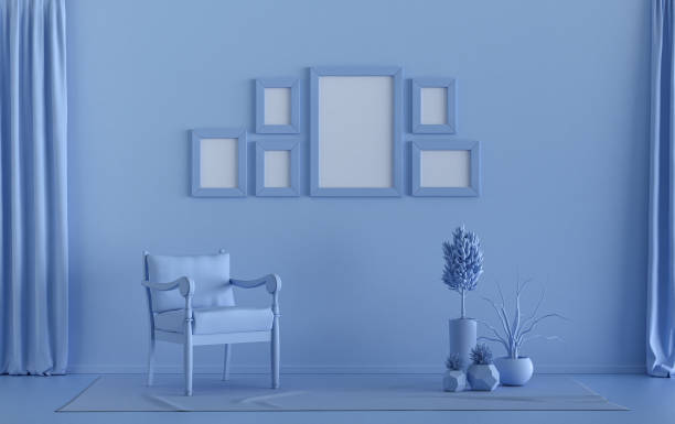 istock Wall mockup with six frames in solid flat pastel light blue color, monochrome interior  and plants 1399436015