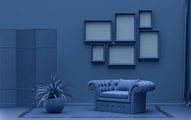 istock Wall mockup with six frames in solid flat pastel dark blue color, monochrome interior  and plants 1399436039