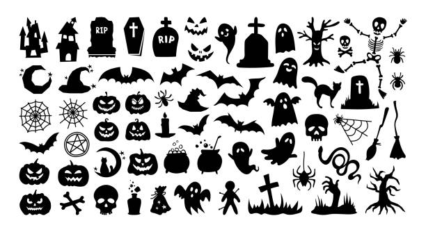 ilustraciones, imágenes clip art, dibujos animados e iconos de stock de gran conjunto de iconos y personajes de siluetas de halloween. colección de siluetas negras de calabazas de halloween, fantasmas, etc. - aparición acontecimiento