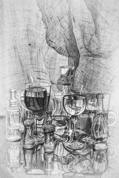 Black and white still life with glass utensils