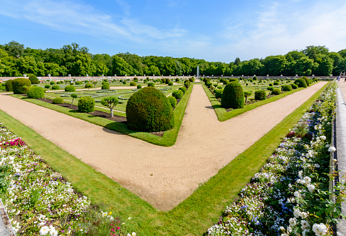 Loire valley, France - May 2019: Park of Chenonceau castle in Loire valley