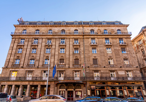 Budapest, Hungary - October 2021: Famous Astoria hotel building in Budapest