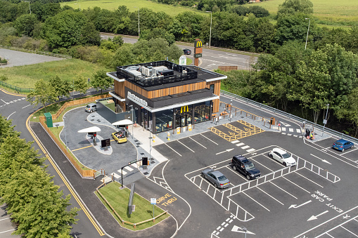 Aerial view of new McDonald’s restaurant, Staffordshire, England, UK. There are over 1300 McDonald's restaurants in the UK.