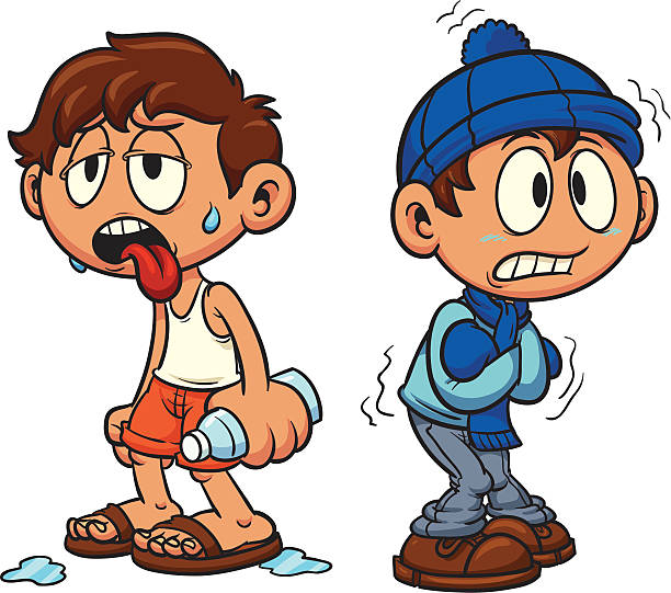 Hot and cold Cartoon kid in hot and cold weather. Vector illustration, Each in a separate layer for easy editing. shivering stock illustrations
