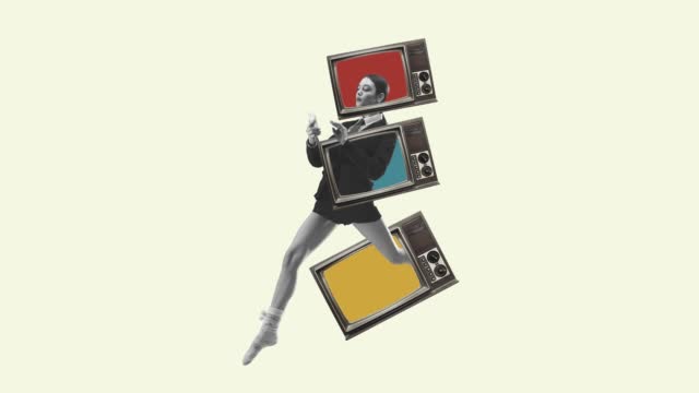 Young woman running throught retro TV sets on white background. Modern design. Conceptual, contemporary artcollage. 2d animation, stop motion