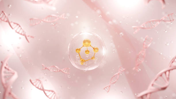 Realistic molecules background. Science illustration of a cream molecule. Hyaluronic acid skin solutions advertising, collagen serum drop with cosmetic advertising background. 3d rendering. human collagen stock pictures, royalty-free photos & images