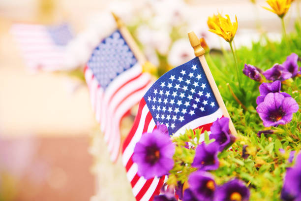 istock Memorial Day background with American flags and petunias with space for copy 1399448549