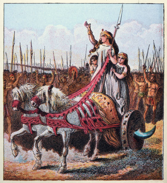 ilustrações, clipart, desenhos animados e ícones de rainha boudica ou boudicca, em sua carruagem, com seu exército, história britânica antiga - ancient civilization ancient traditional culture vertical