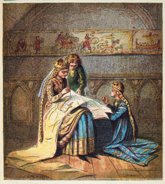 matylda z flandrii, królowa anglii, zszywająca gobelin z bayeux - tkanina z bayeux stock illustrations