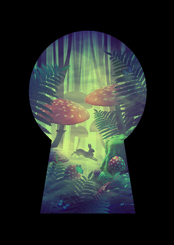 Silhouette of keyhole on black background and fantastic wonderland forest landscape with road, mushrooms, ferns and white rabbit.
illustration to the fairy tale
