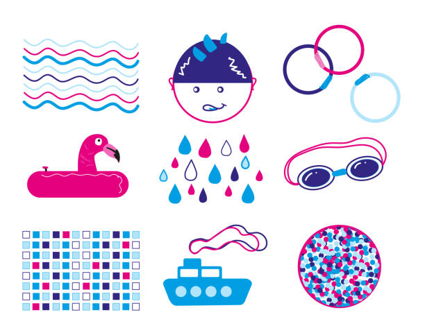 illustrations, cliparts, dessins animés et icônes de ensemble d’icônes de piscine pour enfants, sport, été, aller dans l’eau apprendre à nager aqua center illustration - child nautical vessel summer swimming goggles