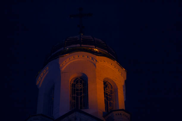 The Golden domes of the Church in the blue sky.
