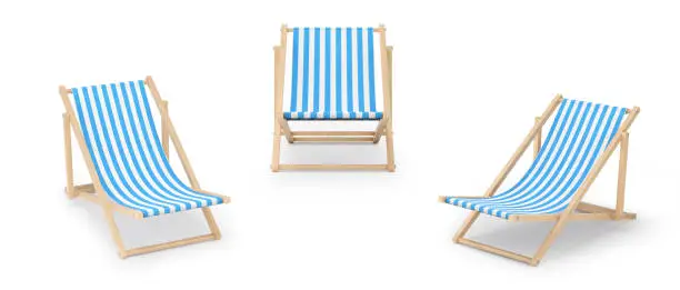 Photo of Beach chair, chaise longue made of wood and fabric.