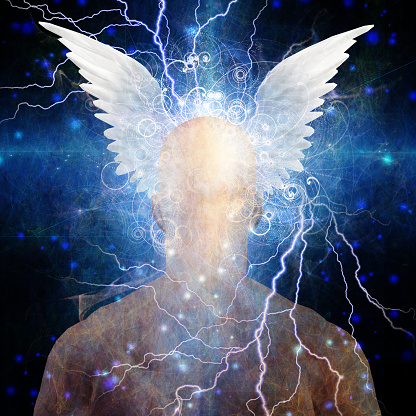 Winged head on star filled man. 3D rendering
