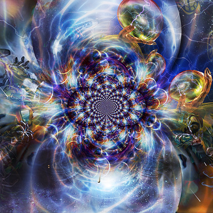 Multiverse fractal. Universes inside glass spheres. Time spirals. 3D rendering
