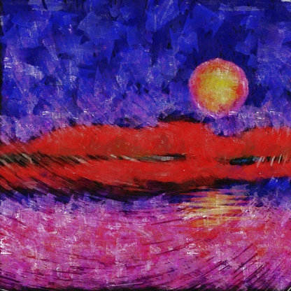 Oil painting. Red sunset over water. 3D rendering