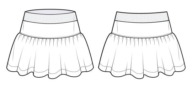 Girl's mini Skirt fashion flat sketch template. Women's ruffled Skirt fashion flat cad, front view, back view, white. Girl's mini Skirt fashion flat sketch template. Women's ruffled Skirt fashion flat cad, front view, back view, white. tennis outfit stock illustrations