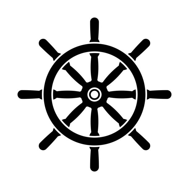 Ship steering wheel icon. Black silhouette. Front side view. Vector simple flat graphic illustration. Isolated object on a white background. Isolate. Ship steering wheel icon. Black silhouette. Front side view. Vector simple flat graphic illustration. Isolated object on a white background. Isolate. marines navy sea captain stock illustrations