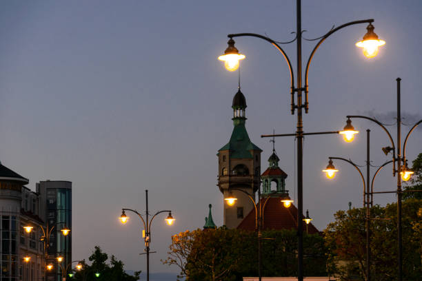 Sopot, Poland - May 26, 2022: Tower of the lighthouse in Sopot, Pomeranian Voivodeship, Poland. Panorama of a tourist city on the Baltic Sea