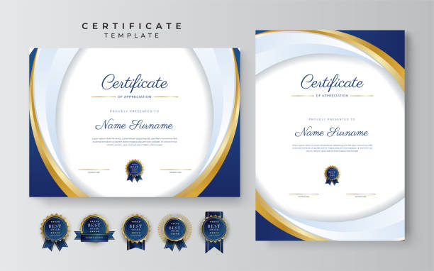 ilustrações de stock, clip art, desenhos animados e ícones de blue and gold certificate of achievement border template with luxury badge and modern line pattern. for award, business, and education needs - certidão