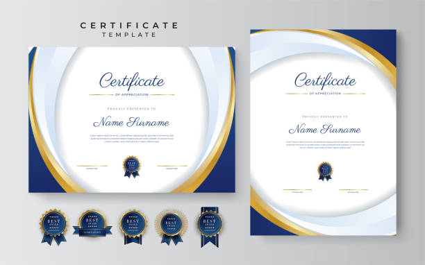 Blue and gold certificate of achievement border template with luxury badge and modern line pattern. For award, business, and education needs Blue and gold certificate of achievement border template with luxury badge and modern line pattern. For award, business, and education needs graduation gift stock illustrations