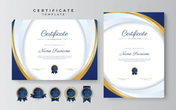 Vector illustration of Blue and gold certificate of achievement border template with luxury badge and modern line pattern. For award, business, and education needs