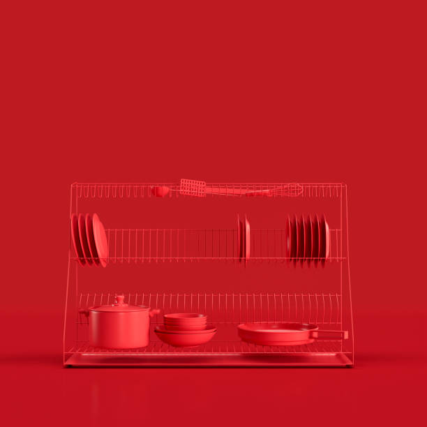 Monochrome Vintage dishes sink, retro kitchen appliance front view, 3d rendering, nobody