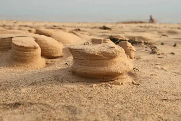 Photo of Natural wind and sand sculptures in baltic sea and gulf of riga in Latvia. Close-up. Copy Space