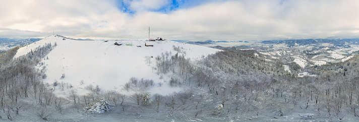 Scenic aerial view of Carpathian mountains in winter