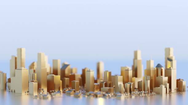Clean, modern golden city with skyscrapers. Abstract concept. Digital 3D rendering.