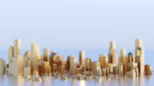 Clean, modern golden city with skyscrapers. Abstract concept. Digital 3D rendering.