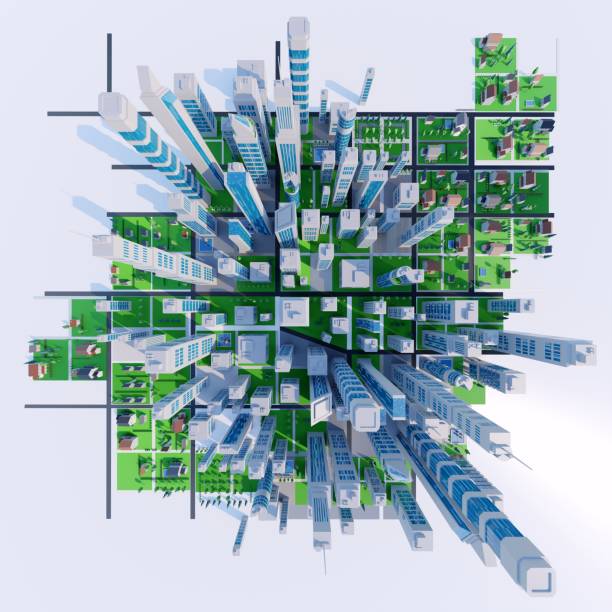 Clean, modern city with tall buildings, parks and green spaces. Digital 3D rendering.